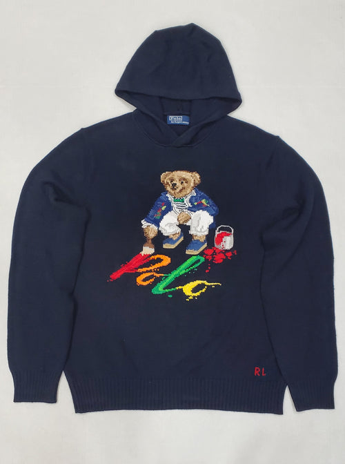 Nwt Polo Ralph Lauren Navy Painted Hooded Teddy Bear Sweater - Unique Style