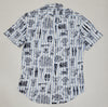 Polo Ralph Lauren men's white and blue stripe allover print classic fit button-up shirt displayed on a hanger.