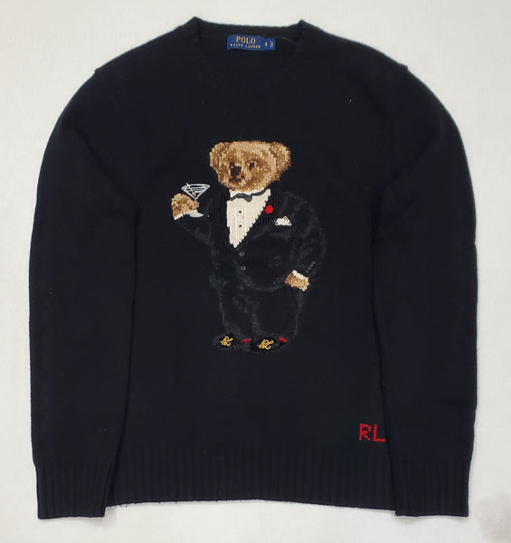 Vintage Ralph Lauren Black Tuxedo Martini Glass Teddy Bear Sweater - Unique Style