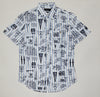 Polo Ralph Lauren men's classic fit button-up shirt with white and blue allover stripe print, featuring a collar and front buttons.
