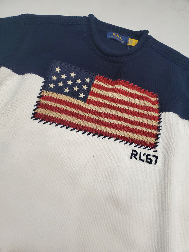 Nwt Polo Ralph Lauren American Flag Two Tone Knit Sweater - Unique Style