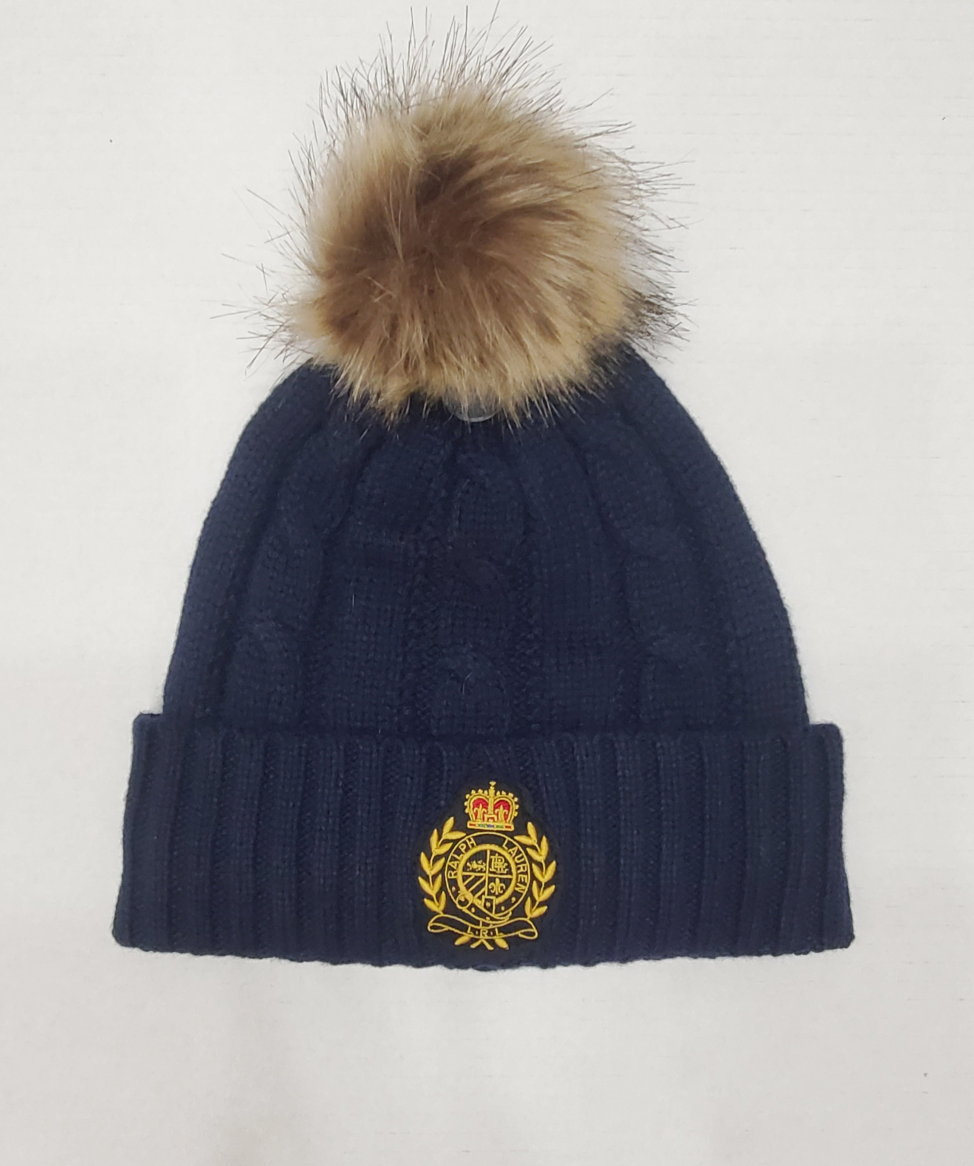 Nwt Lauren Ralph Lauren Navy Crest Patch Pom-Pom Cable Beanie