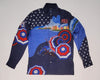Polo Ralph Lauren Olympic umbrella linen long sleeve button-up shirt with a classic collar and button front, displayed on a hanger.