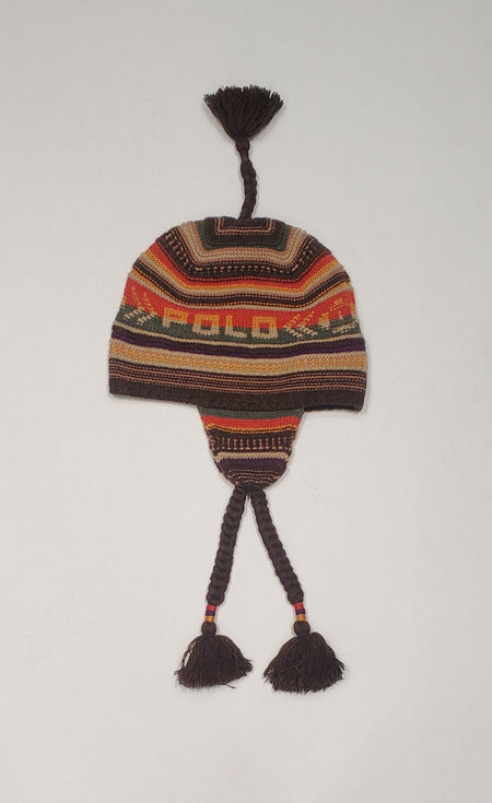 NWT Polo Ralph Lauren Brown Multi Textured Stripe Earflap Hat with Tassels - Unique Style