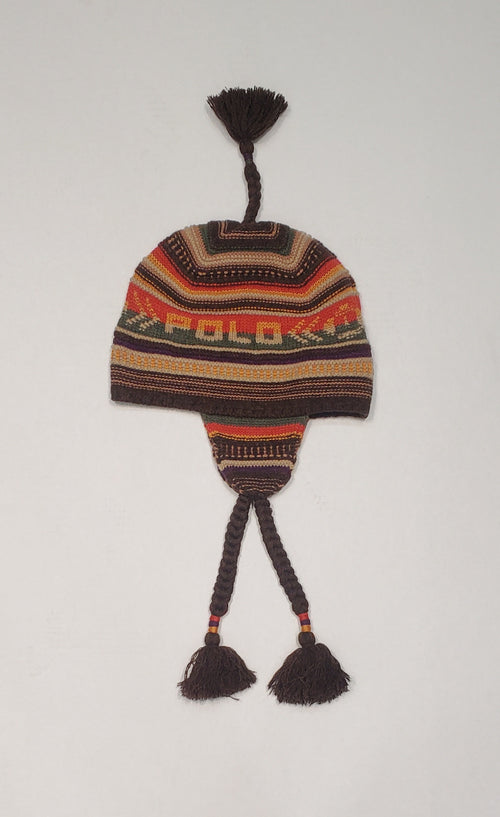 NWT Polo Ralph Lauren Brown Multi Textured Stripe Earflap Hat with Tassels - Unique Style
