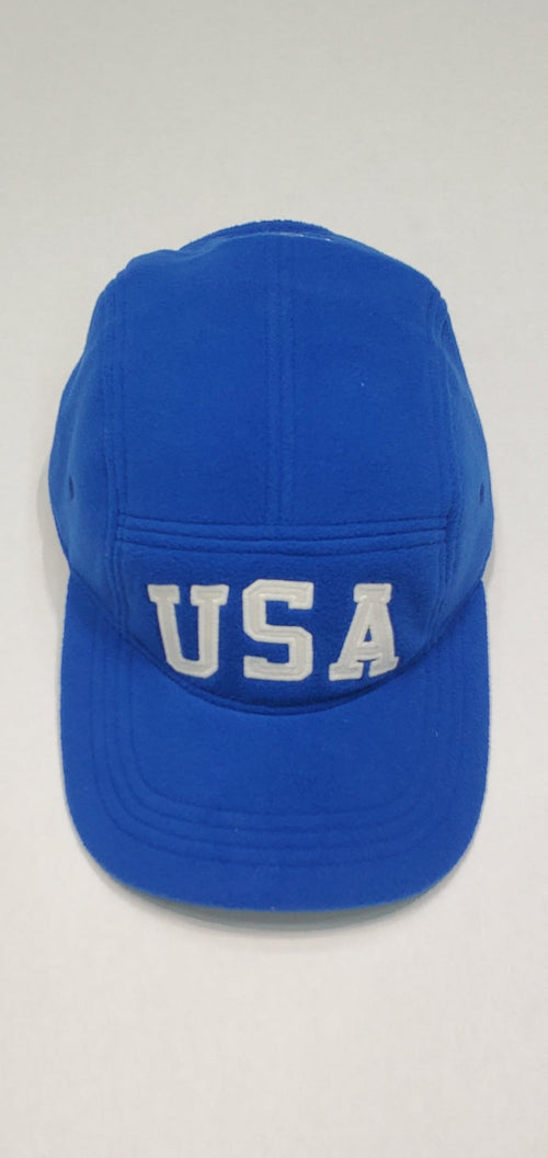 Royal blue Polo Ralph Lauren fleece 5-panel adjustable strap back hat with USA embroidery and classic style.