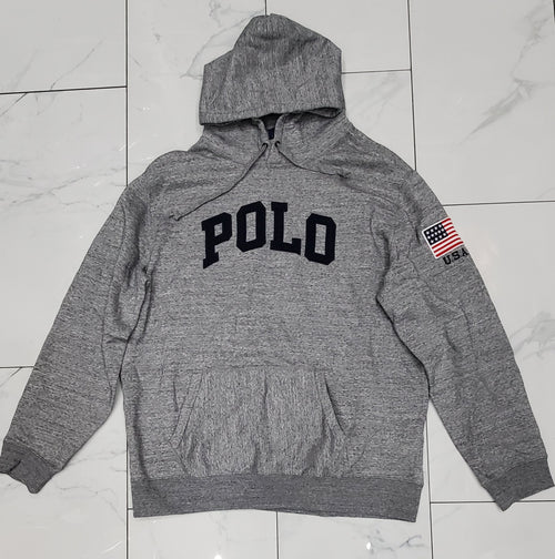 Nwt Polo Ralph Lauren Grey Polo Spellout/Flag Embroidered Fleece Hoodie