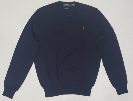 Nwt Polo Ralph Lauren Light Grey w/Navy Horse Cotton V-Neck Sweater