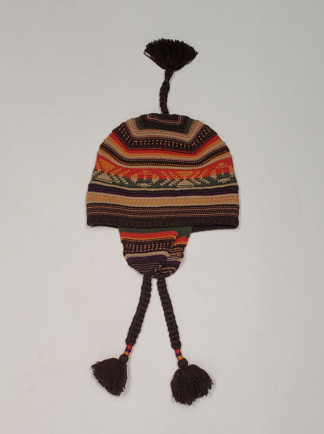 NWT Polo Ralph Lauren Brown Multi Textured Stripe Earflap Hat with Tassels - Unique Style
