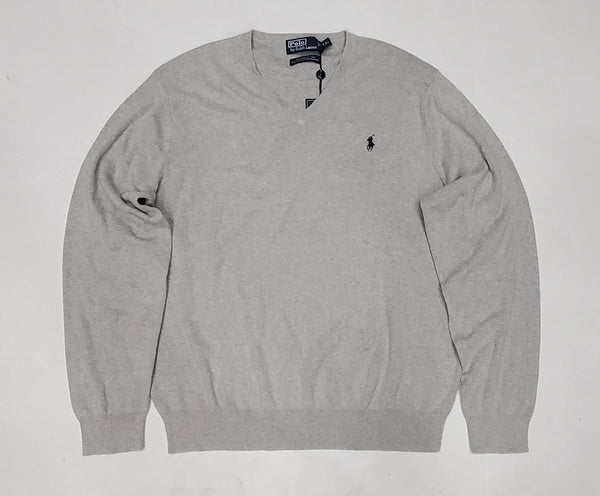 Nwt Polo Ralph Lauren Light Grey w/Navy Horse Cotton V-Neck Sweater - Unique Style