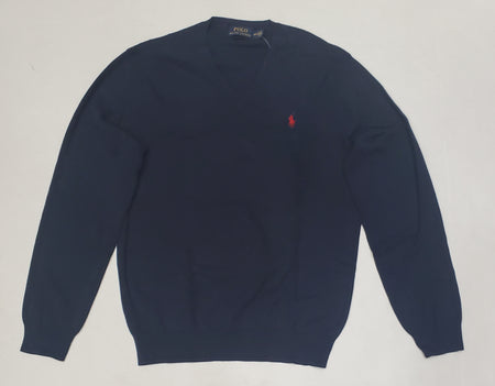 Nwt Kids Polo Ralph Lauren Navy with Red Pony Suede Elbow Patch Small Pony V-Neck Sweater (8-20)
