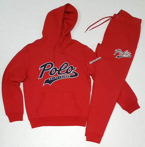 Nwt Polo Ralph Lauren Red Double Knit Script Patch Logo Hoodie With Red Double Knit Joggers - Unique Style
