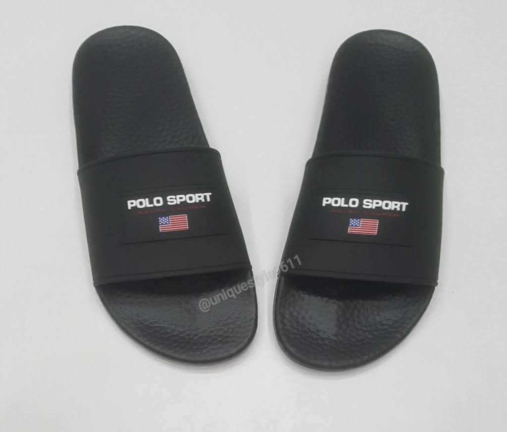 Nwt Polo Ralph Lauren Black Polo Sport Slides