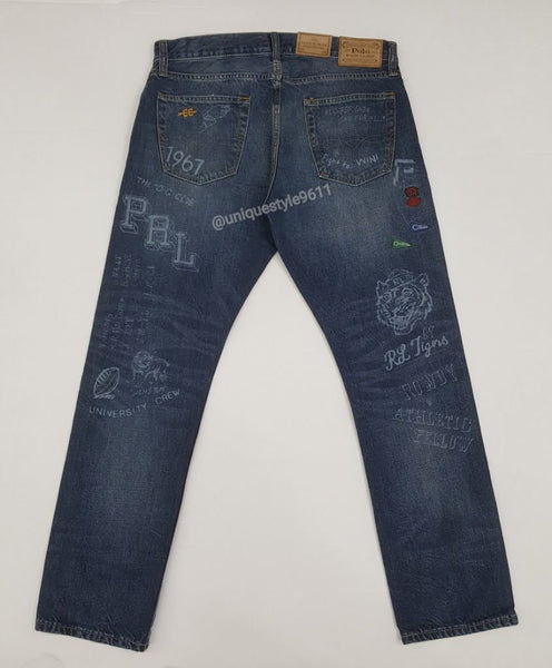 Nwt Polo Ralph Lauren Blue New York State Champs Graphic Patches Varick Slim Straight Jeans - Unique Style