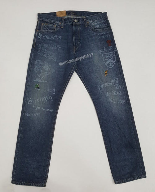 Nwt Polo Ralph Lauren Blue New York State Champs Graphic Patches Varick Slim Straight Jeans - Unique Style