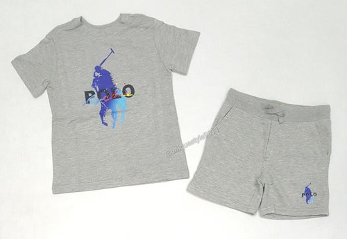 Nwt Kids Boys Polo Ralph Lauren Grey Big Pony Tee With Matching Big Pony Shorts - Unique Style