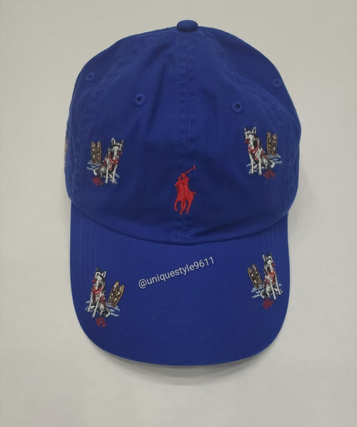 Nwt Polo Ralph Lauren Royal Blue Allover Dog Print Embroidered Adjustable Strap Back Hat - Unique Style