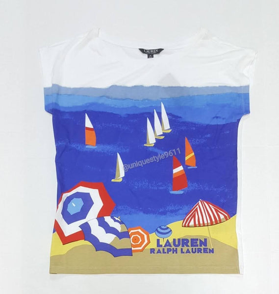 Nwt Lauren Ralph Lauren Women's Beach Print Boat Neckline Cap Sleeve Tee - Unique Style