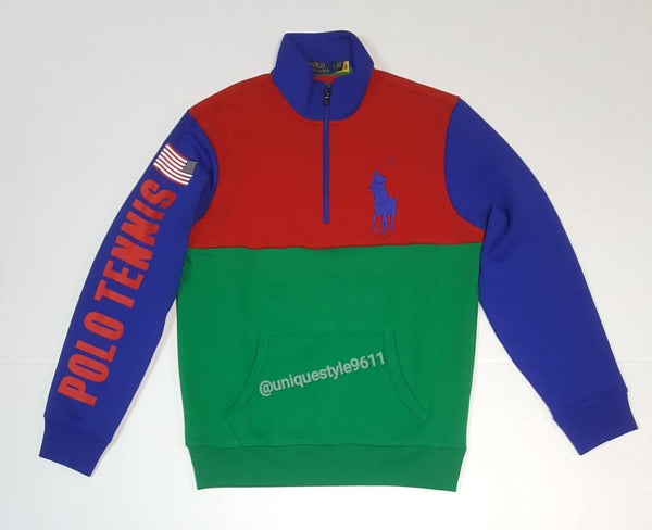 Nwt Polo Ralph Lauren Red/Green Polo Tennis Big Pony American Flag Half Zip Sweatshirt - Unique Style