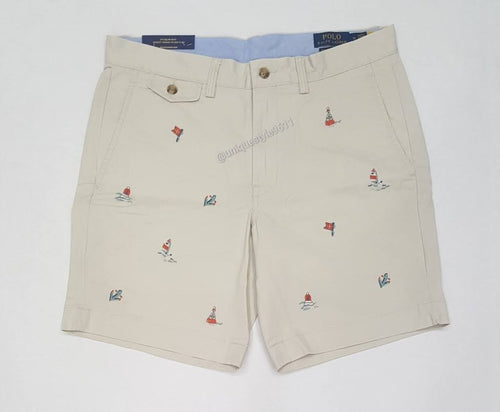 Nwt Polo Ralph Lauren Khaki Allover Sailing Embroidered Stretch Straight Fit Shorts - Unique Style