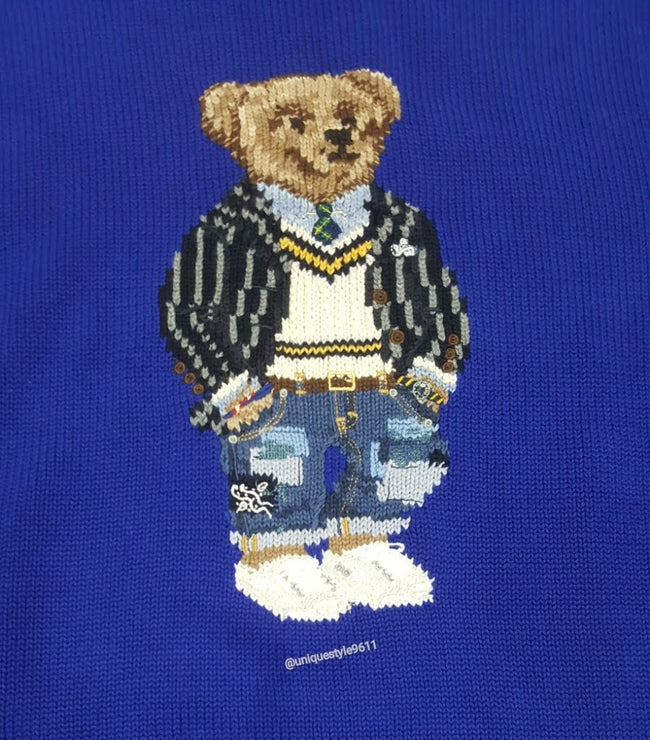 Nwt Polo Ralph Lauren Royal Blue Cardigan Vest Teddy Bear Sweater - Unique Style