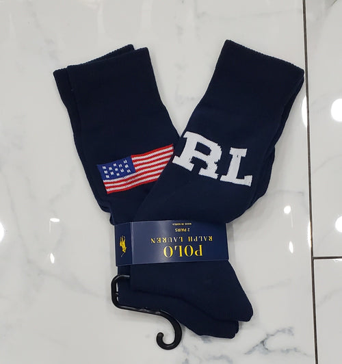 Nwt Polo Ralph Lauren 2 Pack Navy RL With Navy American Flag Socks - Unique Style