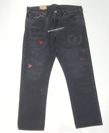 Nwt Polo Big & Tall Black-Wash Varick Slim-Straight Graphic Patch Jeans