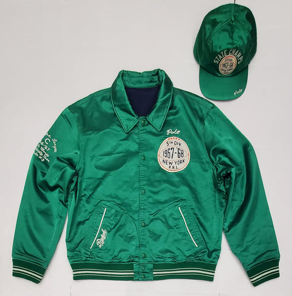 Nwt Polo Ralph Lauren Reversible Green Satin New York State Champs /Navy Corduroy  P Patch 67 Jacket - Unique Style