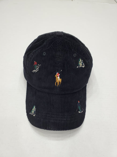 Nwt Polo Ralph Lauren Black Corduroy Allover Embroidered Skier Leather Strap Hat - Unique Style