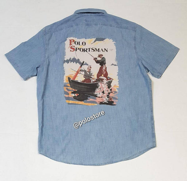 NWT Polo Ralph Lauren Big & Tall denim front page sportsman button-up shirt showing classic collar and button-down front.