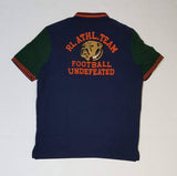 NWT Polo Big & Tall Champs Bulldog Football Polo shirt, navy blue with embroidered football and Bulldog logo, front view.