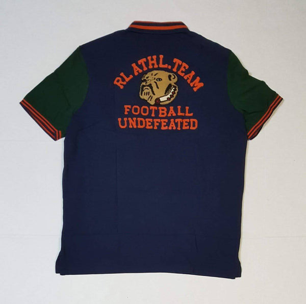 NWT Polo Big & Tall Champs Bulldog Football Polo shirt, navy blue with embroidered football and Bulldog logo, front view.