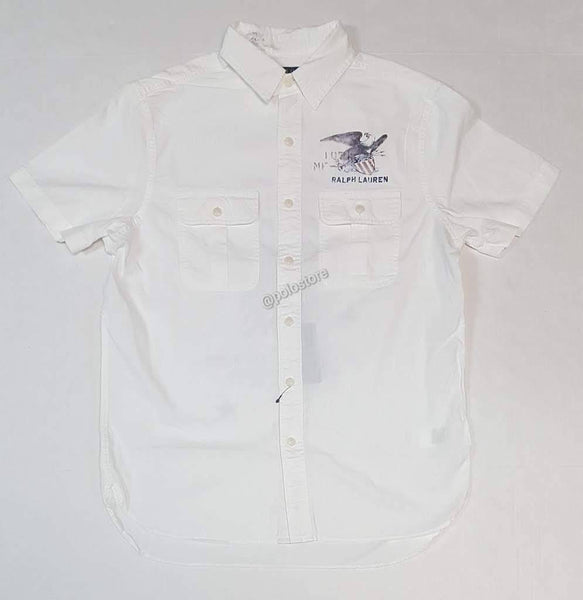 Nwt Polo Ralph Lauren White Eagle Classic Fit Chambray Short Sleeve Button Up - Unique Style