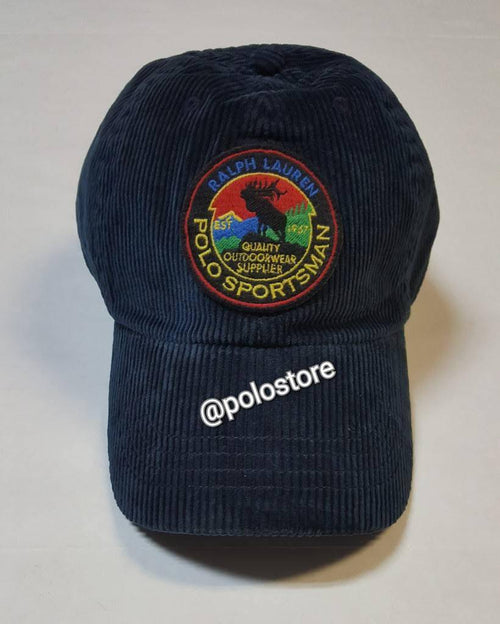 Nwt Polo Ralph Lauren Navy Sportsman Patch Corduroy Adjustable Leather Strap Back Hat - Unique Style