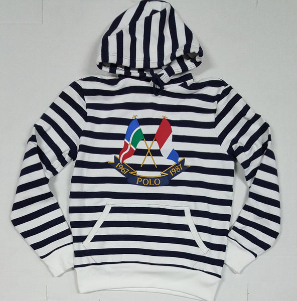 New Polo Ralph Lauren White/Navy Cross Flag Stripe Hoodie - Unique Style