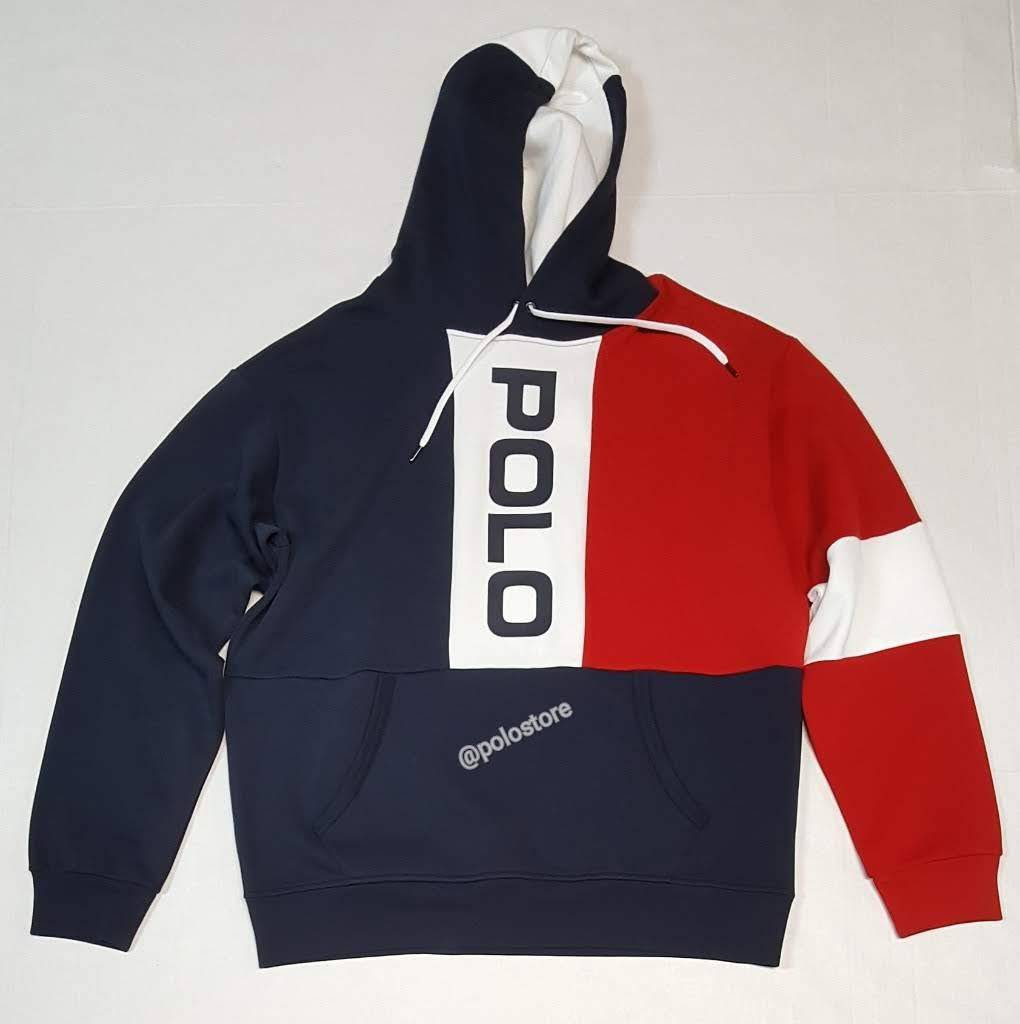Nwt Polo Ralph Lauren White/Navy/Red Polo Spellout Hoodie