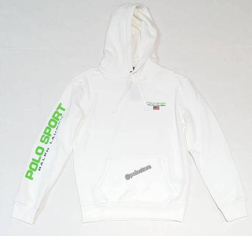 Nwt Polo Ralph Lauren White/Neon Polo Sport Written On Arm Pullover Hoodie - Unique Style