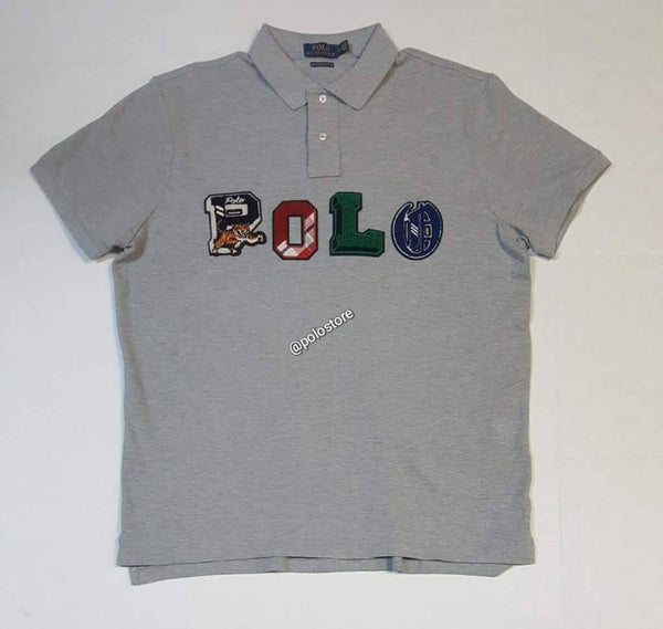 Nwt Polo Ralph Lauren Grey Polo Patch Spellout Custom Slim Fit Polo - Unique Style