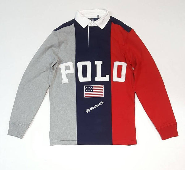 Nwt Polo Ralph Lauren Grey/Red/Navy American Flag Spellout Patch Rugby - Unique Style