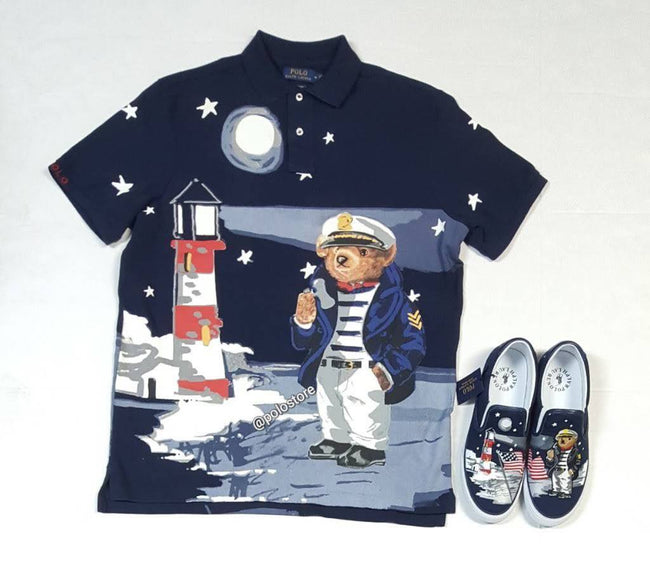 Navy Polo Ralph Lauren sailor-themed teddy bear polo shirt for men, classic fit, featuring nautical design details.