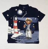 Navy sailor-themed Polo Ralph Lauren teddy bear polo shirt with classic fit, featuring nautical design and Polo Ralph Lauren branding.