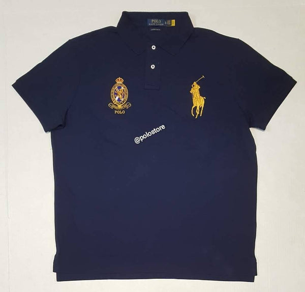 Nwt Polo Ralph Lauren Navy with Gold Big Pony Embroidered Crest Custom Slim Fit Polo - Unique Style