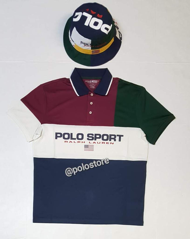 Nwt Polo Sport Navy/Burgundy/White/Green Spellout Performance Polo - Unique Style