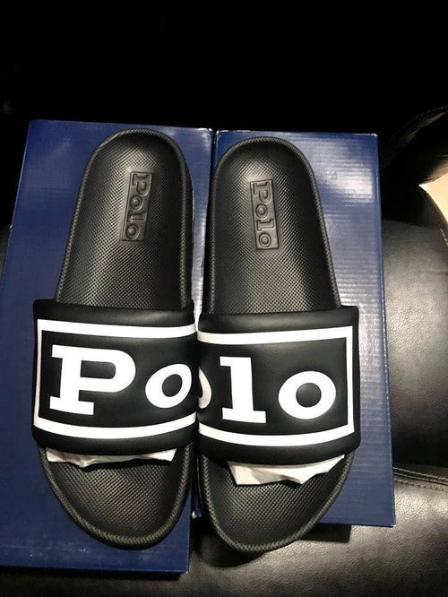Nwt Polo Ralph Lauren Black Spellout Slides - Unique Style