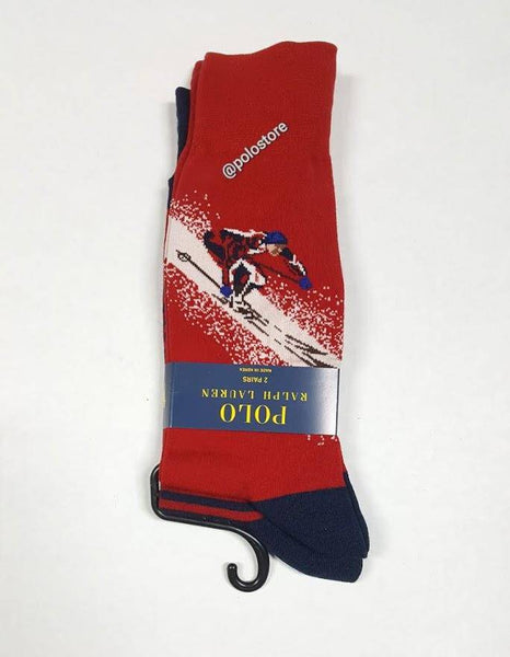Nwt Polo Ralph Lauren Red Skier/Red with Navy Stripe Small Pony Socks - Unique Style
