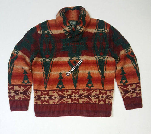 NWT Polo Ralph Lauren Aztec shawl neck sweater, cozy knit with intricate pattern, long sleeves, and ribbed cuffs.