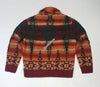 NWT Polo Ralph Lauren Aztec Shawl Neck Sweater, cozy knit sweater with shawl collar and Aztec pattern in neutral tones.