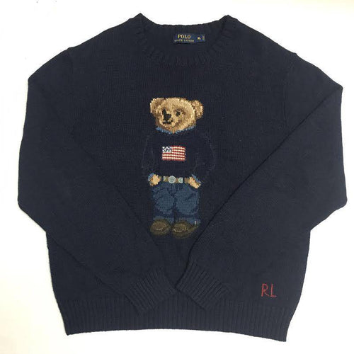 Nwt Polo Ralph Lauren Navy Blue American Flag Teddy Bear Sweater - Unique Style