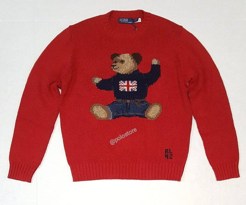 Nwt Polo Ralph Lauren Red Sit down British Flag RL92  Teddy Bear Sweater - Unique Style