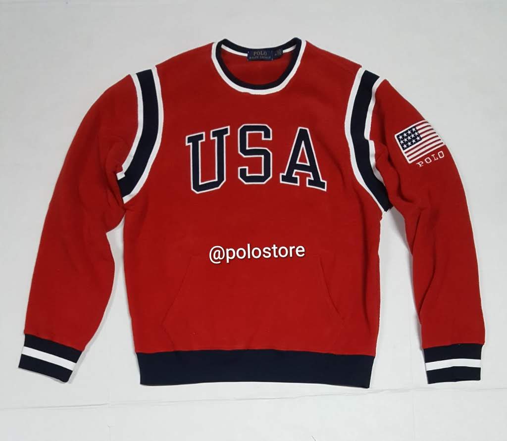 Nwt Polo Ralph Lauren Red USA American Flag Fleece Patch Sweatshirt